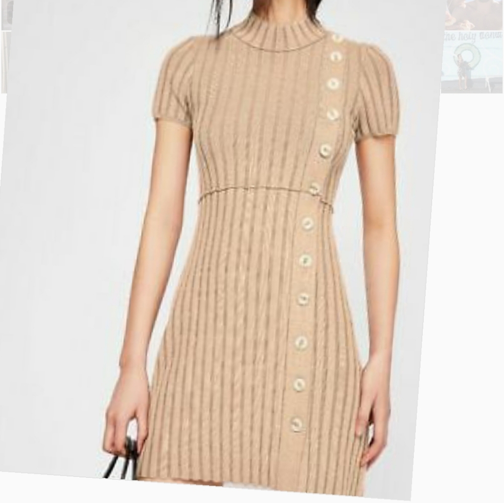 Free People Ribbed Knit Mini Dress in Beige